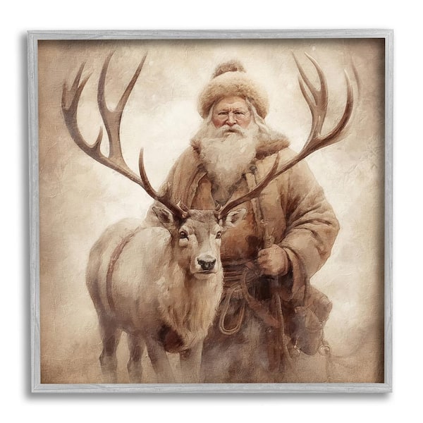 Stupell Industries Traditional Santa and Reindeer by Riley B 1-Piece Framed Graphic Print Animal Poster Art Print 24 in. x 24 in.