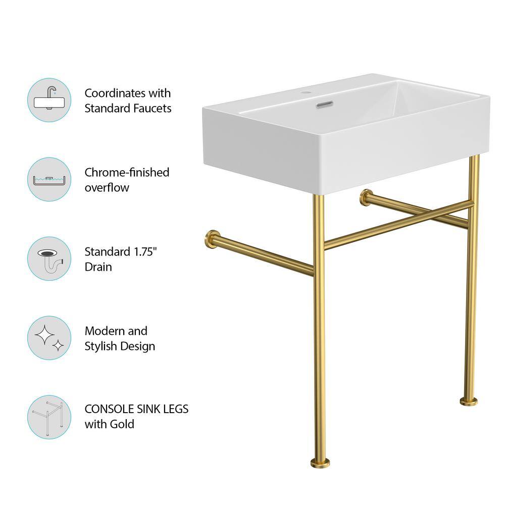 24 Inch White Ceramic Console Sink with Gold Metal Legs