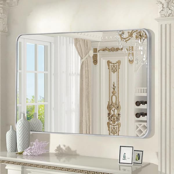LuxHomez 30 in. W x 48 in. H Silver Vanity Rectangle Wall Mirror Aluminum Alloy Frame Bathroom Mirror
