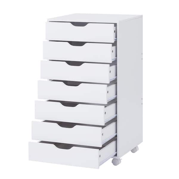 HOMESTOCK 7-Drawer White Wood 18.9 in. W Vertical Storage Dresser with Wheels Makeup Dresser File Cabinet