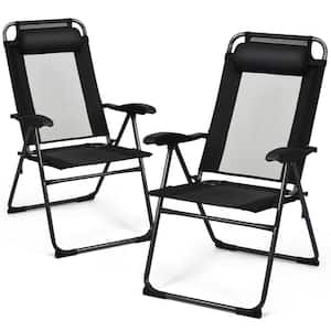 Black Fabric Folding Chairs Adjustable Reclining Chairs with Headrest Patio Garden (2-Pieces)