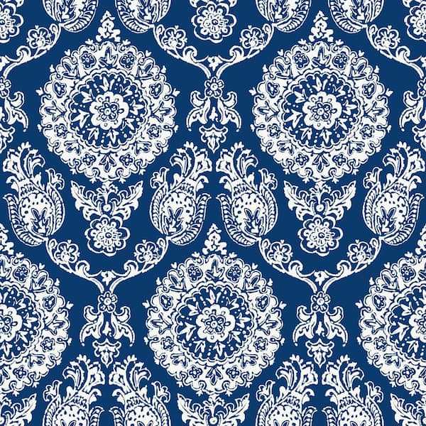 Chesapeake Helm Damask Navy Floral Medallion Matte Paper Pre-Pasted Wallpaper
