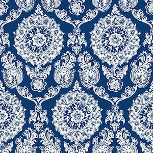 Helm Damask Navy Floral Medallion Matte Paper Pre-Pasted Wallpaper Sample