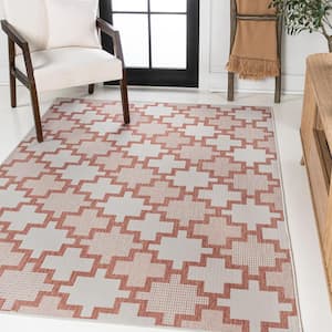 Cyrus Modern Geometric Tile Woven Pattern Salmon/Cream 3 ft. x 5 ft. Indoor/Outdoor Area Rug