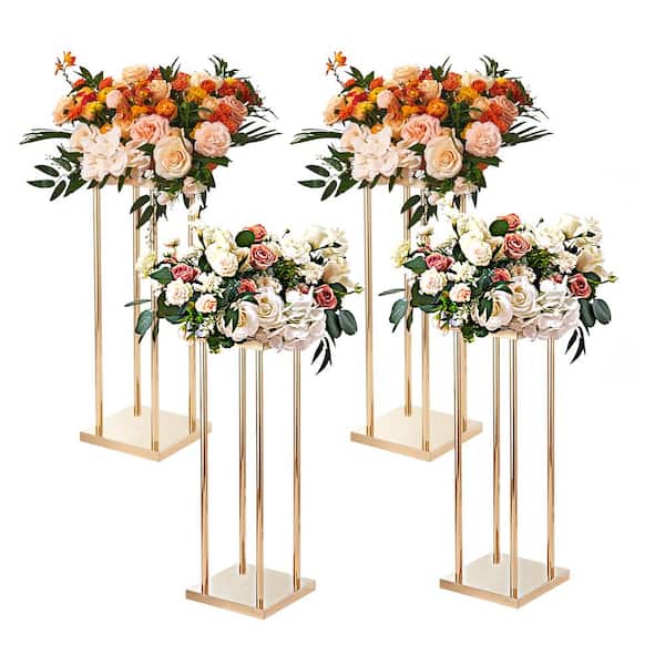 VEVOR 4-Piece Gold Metal Column Wedding Flower Stand 31.5 in. 80 cm with Metal Laminate Vase Geometric Centerpiece Stands