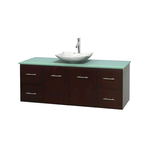 Wyndham Collection Centra 60 in. Vanity in Espresso with Glass Vanity Top in Green and Carrara Sink