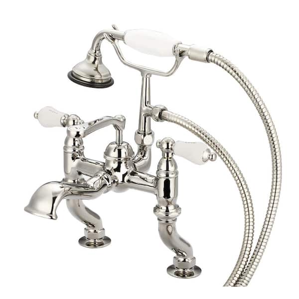 Water Creation 3-Handle Claw Foot Tub Faucet with Labeled Porcelain Lever Handles and Hand Shower in Polished Nickel PVD