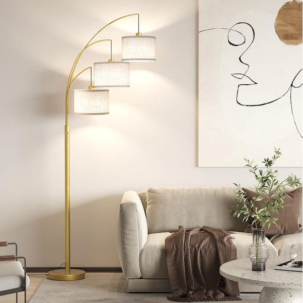78 in. Gold Arc Floor Lamp for Living Room, 3 Lights Lamp with Hanging Drum Shade, Modern Floor Lamps with Heavy Base
