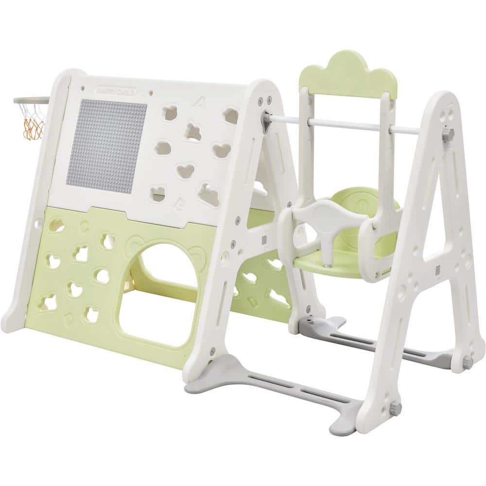 Green 6-in-1 Kids Freestanding Playset with Tunnel, Climber, Whiteboard ...