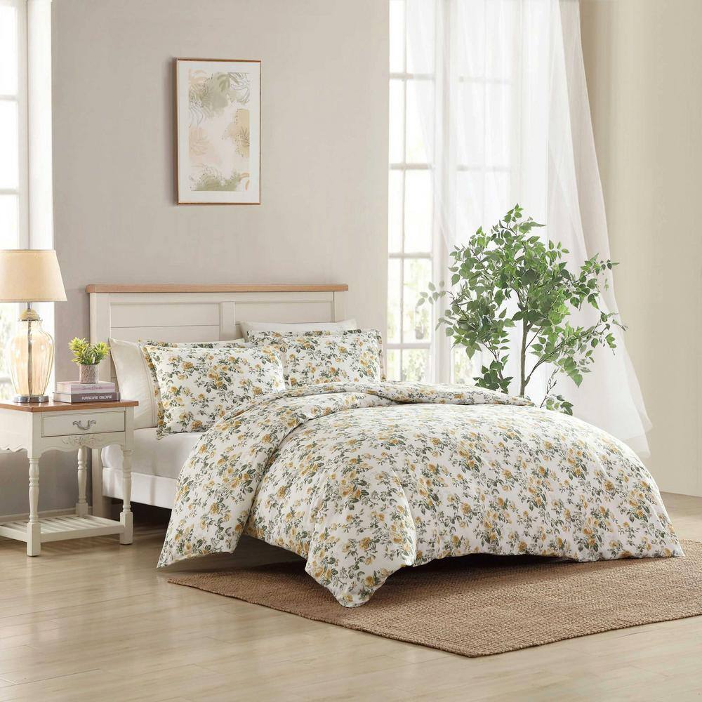 Gold and Green Cotton Floral Full/Queen Duvet Cover Set