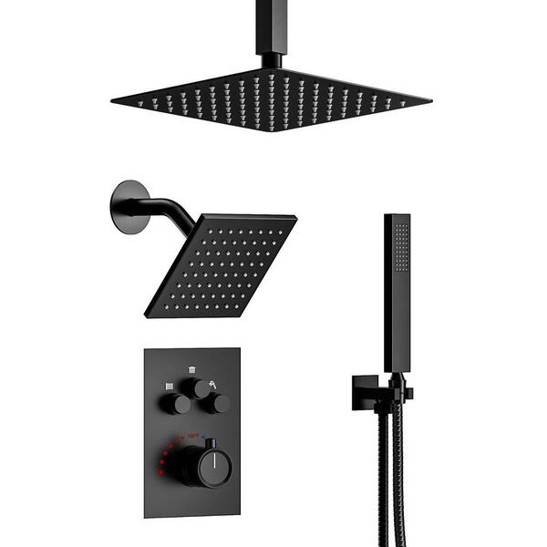 GGStudy Shower Faucet Matte Black Shower Trim Kit With Rough-in Valve Shower Set Bath Rainfall Shower Faucet System 10 Inch Square Stainless Steel Metal Shower Heads With Handheld Spray, Trim & Repair