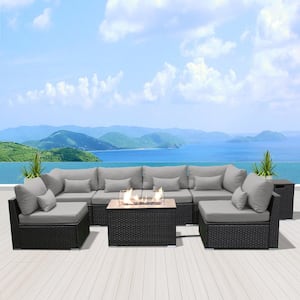 7-Piece Wicker Patio Conversation Set with Gas Fire Pit Table and Gray Cushions