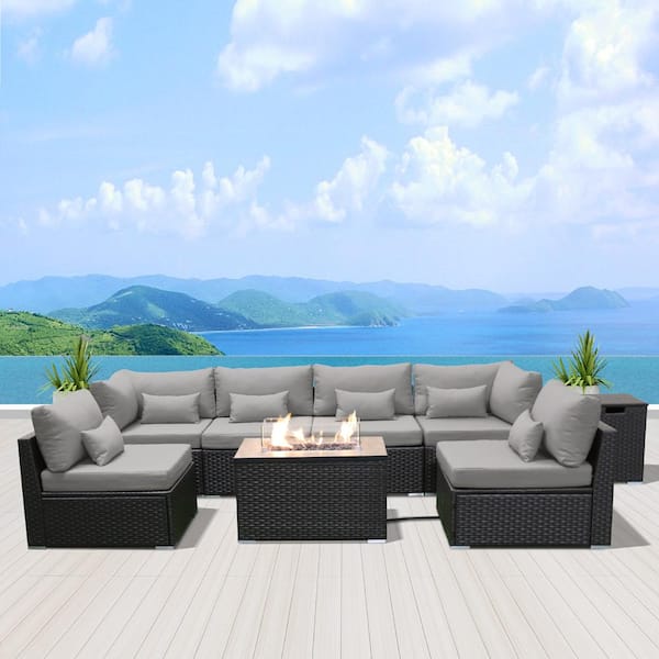 eVita 7-Piece Wicker Patio Conversation Set with Gas Fire Pit Table and Gray Cushions