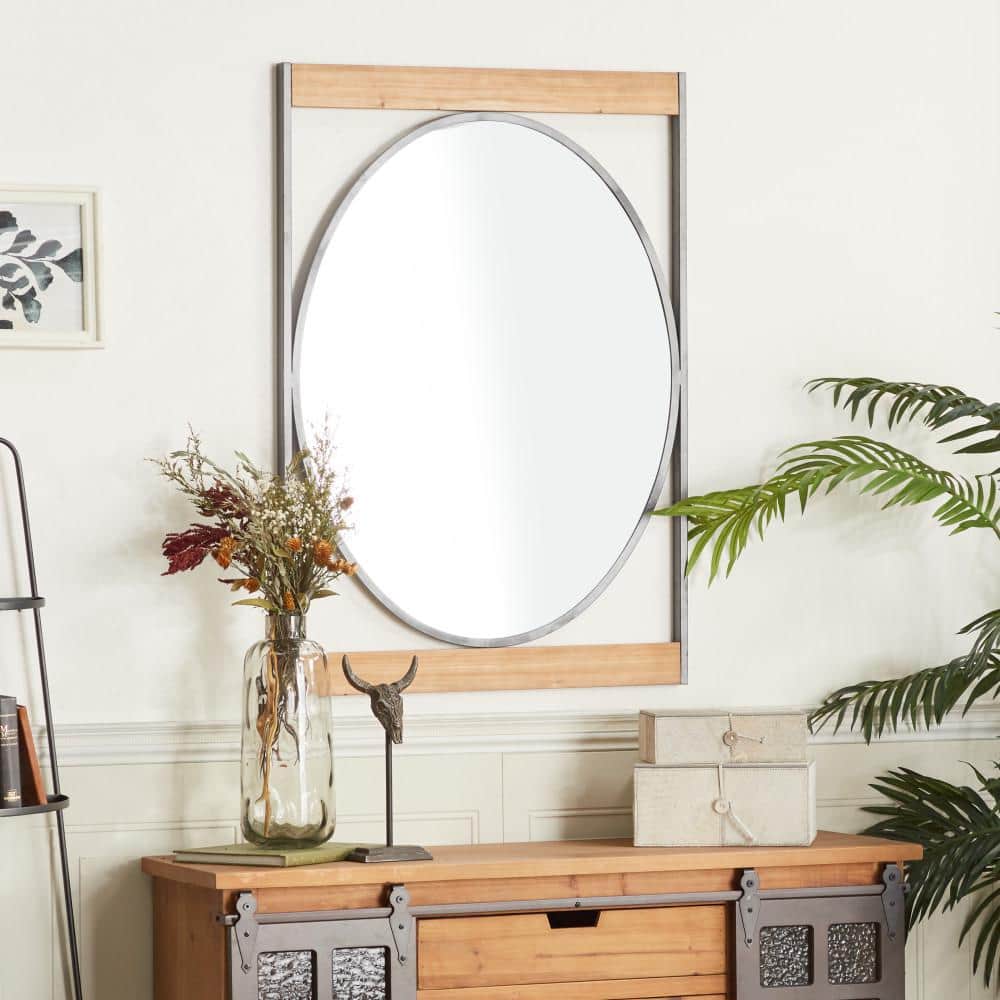 Geometric Oval Pine Wood and Metal Wall Mirror