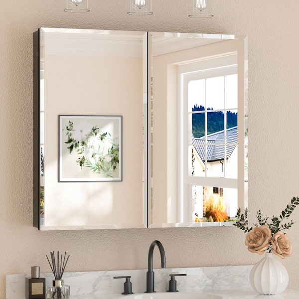 36 in. W x 32 in. H Rectangular Beveled Frameless Metal Black Surface Mount/Recessed Medicine Cabinet with Mirror