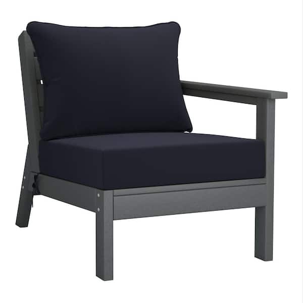 WESTIN OUTDOOR Birchwood Outdoor Patio Deep Seating Right Facing Arm HDPE Lounge Chair in Grey with Navy Blue Cushions