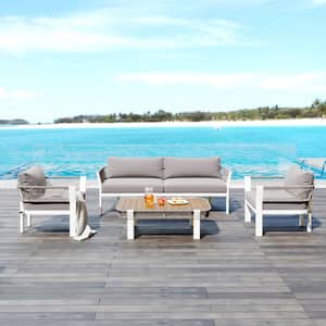 4-Piece Metal Rope Wrap Patio Conversation Set with Coffee Table and Soft Waterproof Gray Cushions for Garden