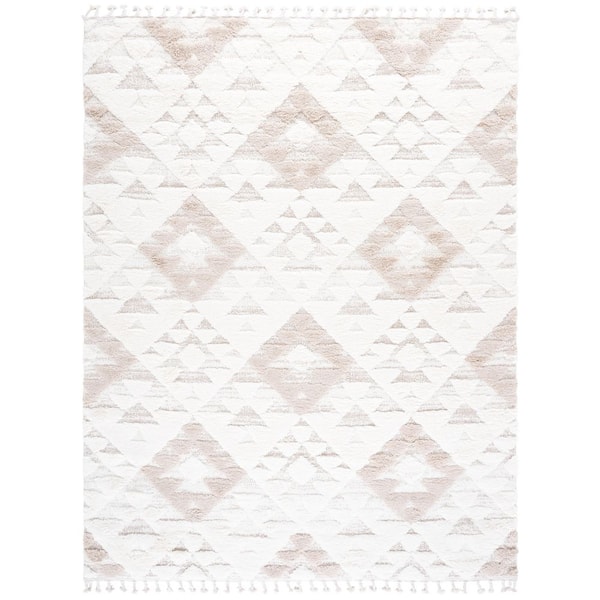 Moroccan Tassel Shag 10 ft. x 14 ft. Ivory/Beige High-Low Geometric Fringe Area Rug