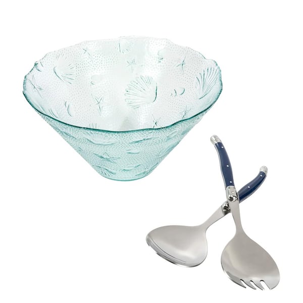 French Home Recycled Clear Glass 12 in. W x 6 in. H, Coastal Salad Bowl and Laguiole Salad Servers with Navy Blue Handles