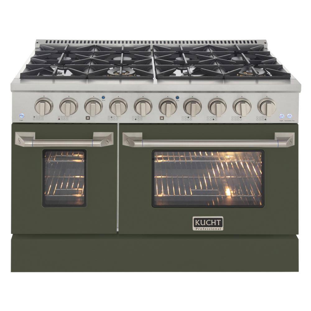 Kucht Pro-Style 48 in. 6.7 cu. ft. 8-Burners with Double Oven Natural Gas Range in Stainless Steel and Olive Green Oven Door