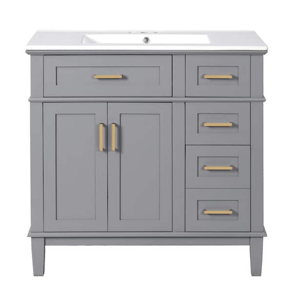 36 in. W x 18.3 in. D x 35 in. H Single Sink Solid Wood Frame Bath Vanity in Gray with White Ceramic Top