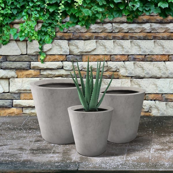 Kante 3 Piece 22.4, 20.4 and 18.1H Round Charcoal Finish Concrete Modern Tall Planters, Outdoor Indoor Decorative Plant Pots with Drainage Hole and