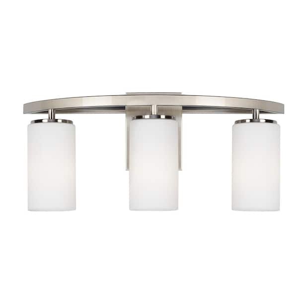 Generation Lighting Visalia 20.25 in. W 3-Light Brushed Nickel Bathroom Vanity Light with White Etched Glass Shades