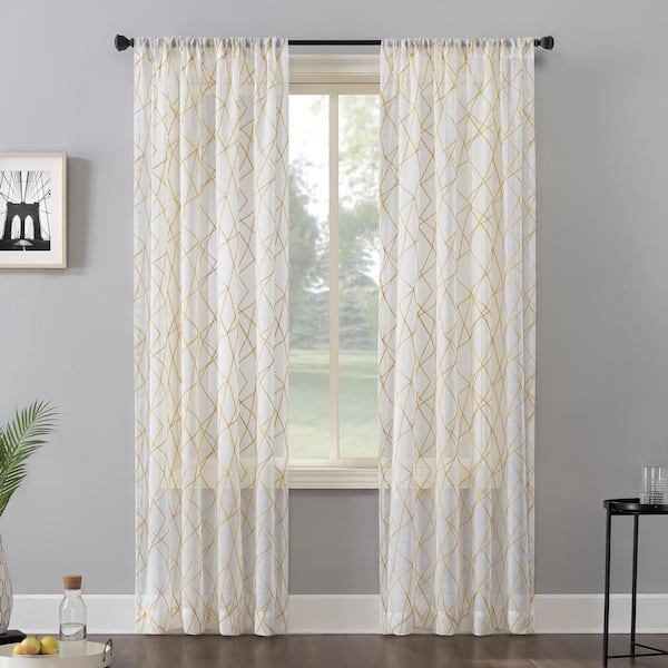 Abstract Geometric Embroidery Gold 50 in. W x 63 in. L Rod Pocket Light Filtering Curtain (Single Panel)