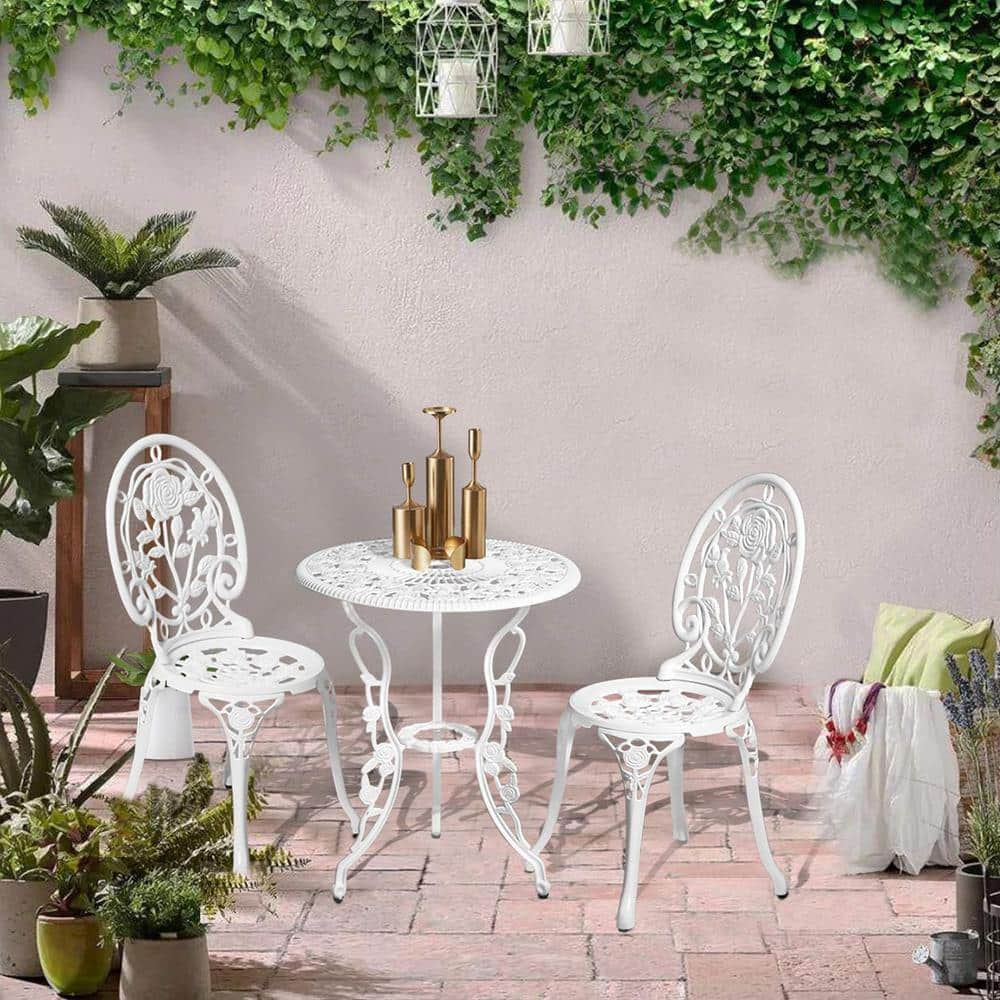 White 3-Piece Cast Aluminum Round Table Outdoor Bistro Set with Rose Patter