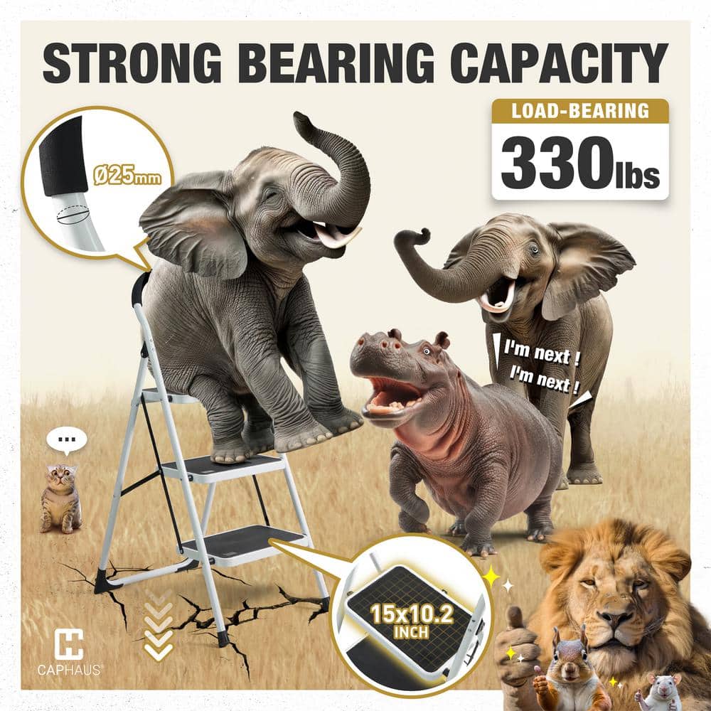White 2-Step Folding Ladder with Anti-Slip Pedals