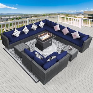 15-Piece Large Size Gray Wicker Patio Conversation Sofa Set with Navy Blue Cushions Fire Pit Table and Coffee Tables