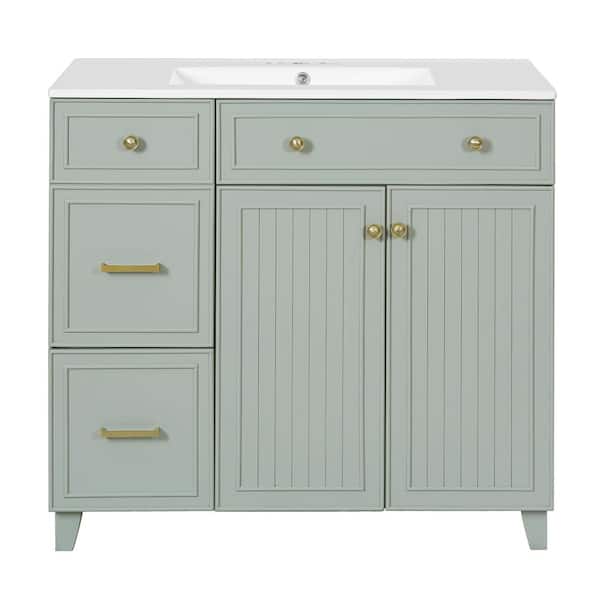 36 in. W Single Sink Bath Vanity in Green with White Ceramic Top, 2-Drawers, Adjustable Shelf