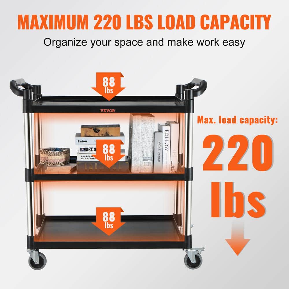 Black 3-Tier Utility Service Cart with Metal Wheels