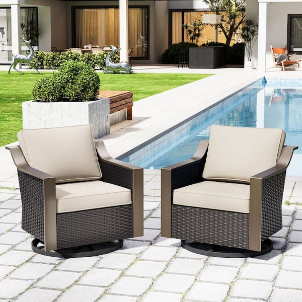 2-Piece Wicker Outdoor Rocking Chair Patio Swivel Chair Set with Gracefully Sloped Armrest and Beige Cushions