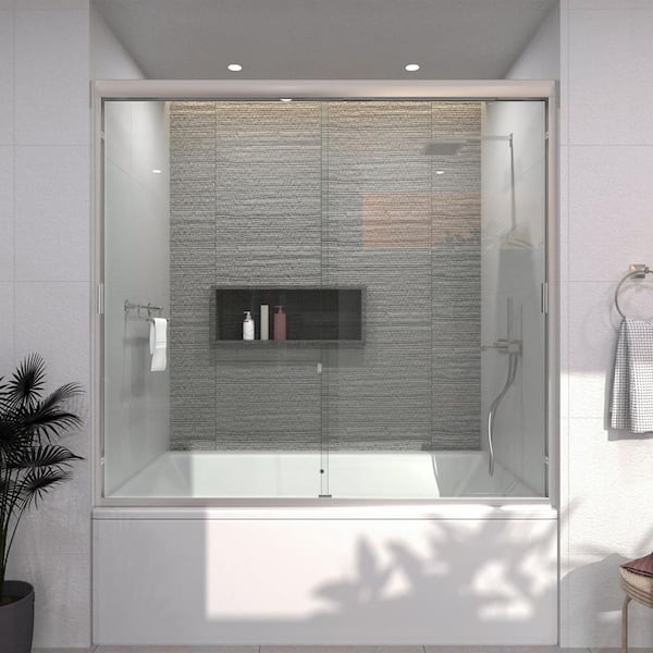 TaiMei Prism 60 in. W x 56 in. H Sliding Semi-Frameless Tub Door in Brushed Nickel with Clear Glass and Handles