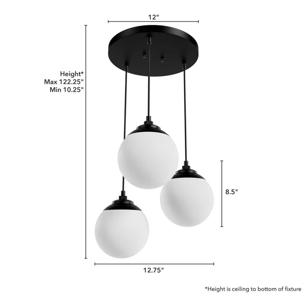 Hepburn Matte Black 3-Light Globe Cluster Pendant with White Glass