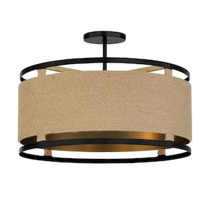 Windward Passage 20.5 in. 4-Light Soft Brass and Black Semi-Flush Mount with Natural Brown Rope