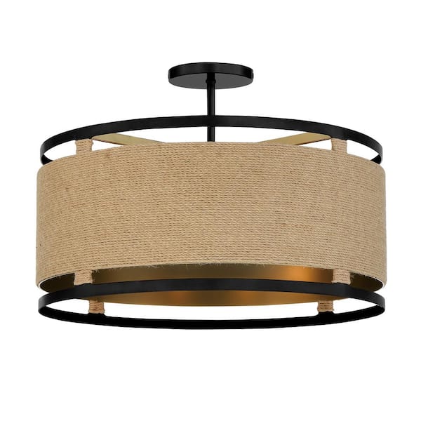 Windward Passage 20.5 in. 4-Light Soft Brass and Black Semi-Flush Mount with Natural Brown Rope