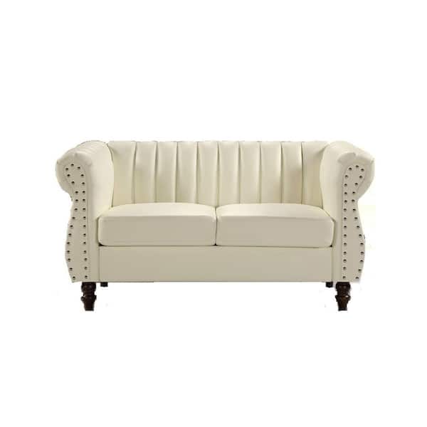 US Pride Furniture Capri 59.1 in. W Cream White Faux Leather 2-Seater Loveseat with Tufted Back