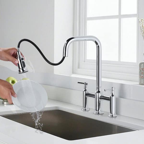 3 Patterns Double Handle Pull Down Bridge Kitchen Faucet with 360° Swivel Spout for 3 Holes in Polished Chrome