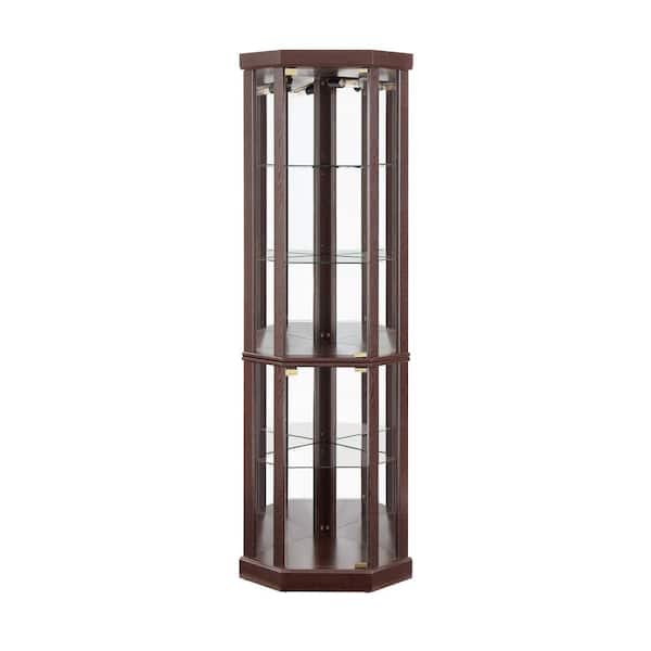 Tileon 16.5 in. W x 16.5 in. D x 69.85 in. H Dark Red Linen Cabinet Corner Lighted Curio Cabinet Glass Display Case