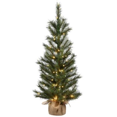 4 ft. Frosted Ontario Pine Tree in Burlap Base with 100 Warm White Battery Operated LED Lights with Timer