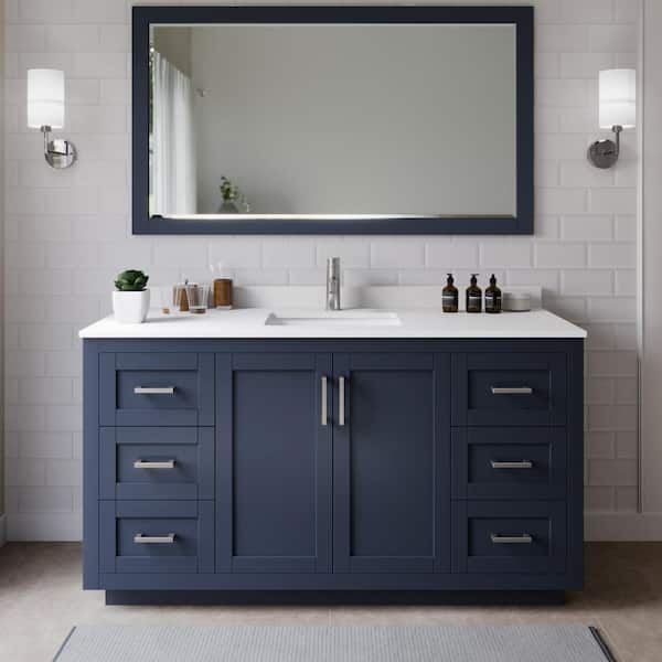 Wyndham Collection Miranda 66 in. W x 22 in. D x 33.75 in. H Single Sink Bath Vanity in Dark Blue with White Cultured Marble Top and Mirror