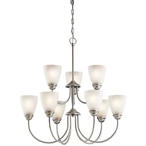 Jolie 28 in. 9-Light Brushed Nickel Transitional Shaded Bell Chandelier for Dining Room