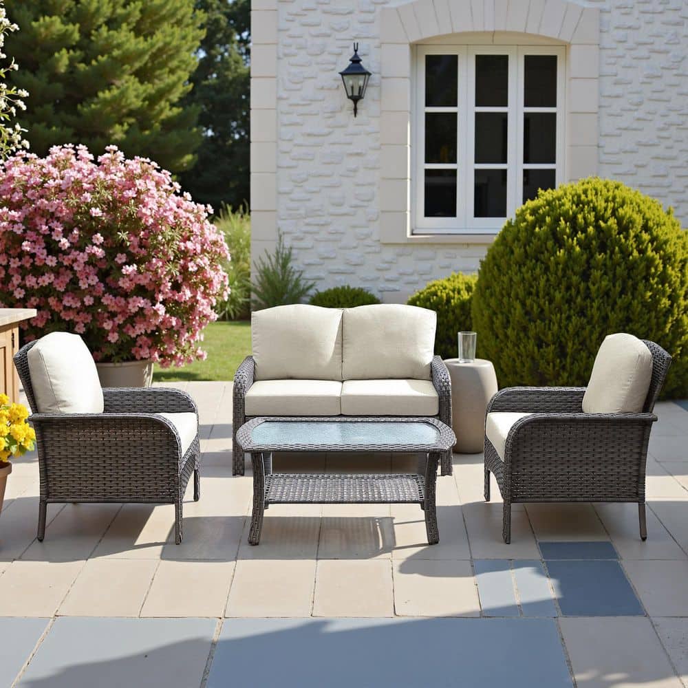 HOOOWOOO Venice Gray 4-Piece Wicker Modern Outdoor Patio Conversation ...