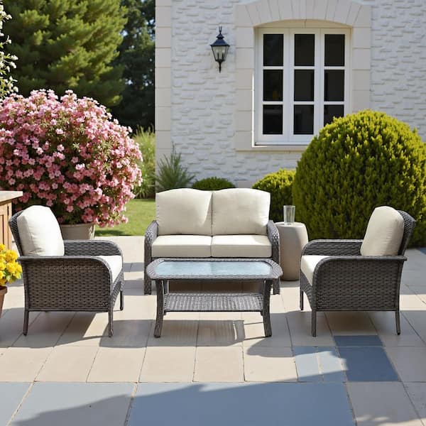 HOOOWOOO Venice Gray 4-Piece Wicker Modern Outdoor Patio Conversation Sofa Seating Set with Beige Cushions