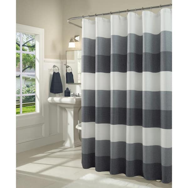 Navy Waffle Weave Fabric Shower Curtain, Gray Waffle Weave Shower Curtain