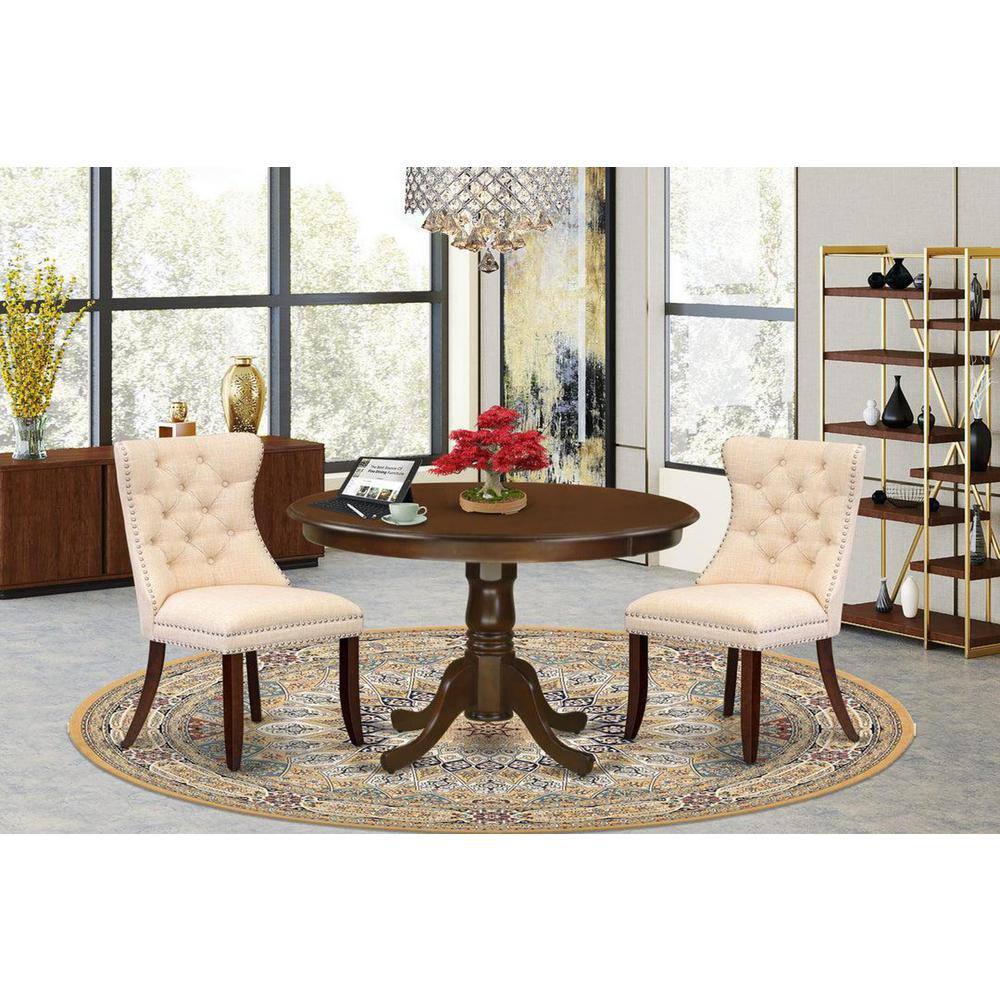 Mahogany Finish 3-Piece Round Dining Table Set with Beige Linen Chairs