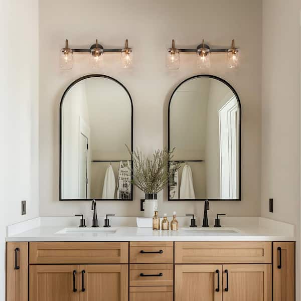 Cellar Modern 24 in. Gunmetal Gray and Brass Vanity Light 3-Light Bathroom Wall Light Mason Jar Textured Glass Shades