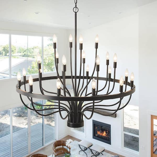 BAOURE 24 Light Black Candle Style Modern Farmhouse Wagon Wheel Chandelier for Dining Room Living Room